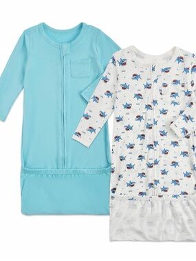 Blue Shark Print and Solid Blue Kids Pajama Gown Set